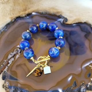 Lapis Lazuli 18K Gold Filled (16mm) Toggle Bracelet with Tiger Eye and Spike Dangles