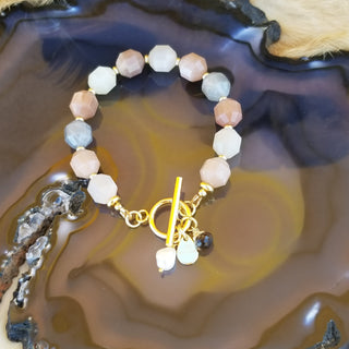 Peach Snstone (Faceted Cylinder) 18K Gold Filled Toggle Bracelet with Smoky Quartz and Pearl Dangles