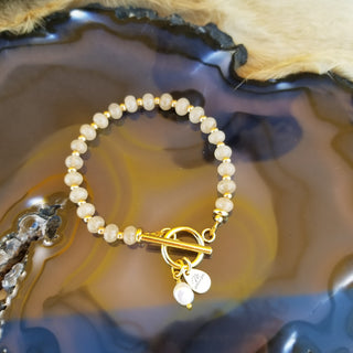 Rutile Quartz (Golden) Gold Filled Toggle Bracelet with Pearl Dangle