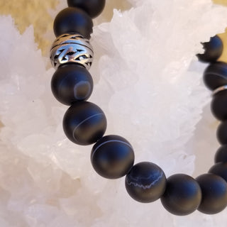 Black Striped Agate SS Charm (10mm) Bracelet