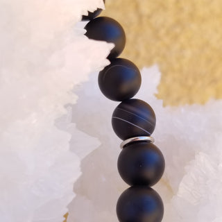 Black Striped Agate SS Charm (10mm) Bracelet