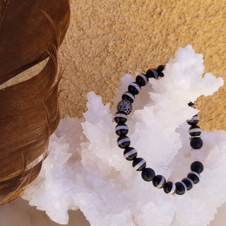 Black & White Stripe Tibetan Agate (Faceted) - Rose Quartz Element (8mm) Bracelet