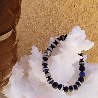 Black & White Stripe Tibetan Agate (Faceted) - Lapis Lazuli Element (8mm) Bracelet