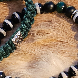 Zen Weave Macrame Boho Braided Bracelet in Forest Green - Matt Silver Peak Pulse Charm