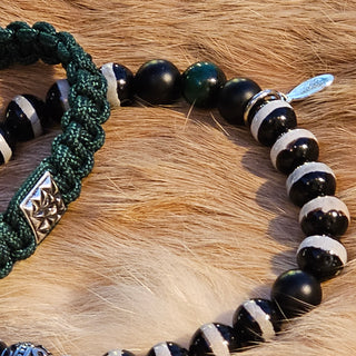 Zen Weave Macrame Boho Braided Bracelet in Forest Green - Matt Silver Peak Pulse Charm