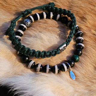 Zen Weave Macrame Boho Braided Bracelet in Forest Green - Matt Silver Peak Pulse Charm