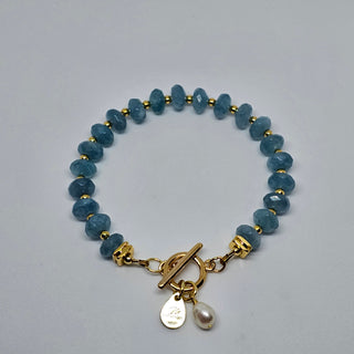 Blue Chalcedony 18K Gold Filled Toggle Bracelet with Pearl Dangle