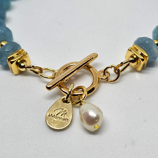 Blue Chalcedony 18K Gold Filled Toggle Bracelet with Pearl Dangle