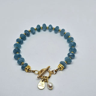 Blue Chalcedony 18K Gold Filled Toggle Bracelet with Pearl Dangle