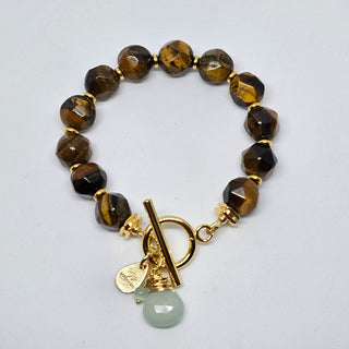 Gold Tiger Eye (Angled) 18K Gold Filled toggle Bracelet with Aqua Chalcedony Dangle