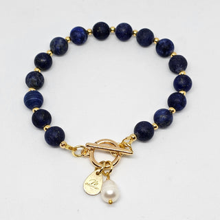 Lapis Lazuli 18 K Gold Filled Toggle Bracelet with Pearl Dangle