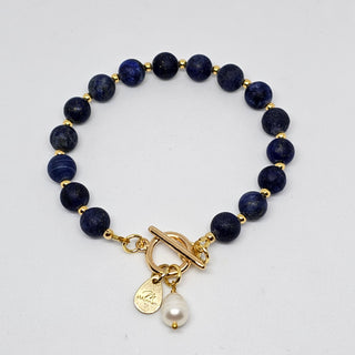 Lapis Lazuli 18 K Gold Filled Toggle Bracelet with Pearl Dangle