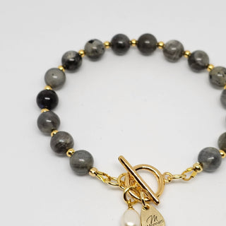 Labradorite (Gray)  18K Gold Filled Toggle Bracelet with Pearl Dangle