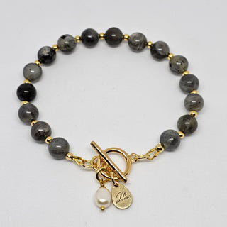 Labradorite (Gray)  18K Gold Filled Toggle Bracelet with Pearl Dangle