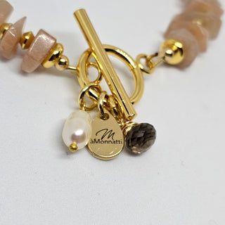 Sunstone (Organic) 18K Gold Filled Toggle Bracelet with Smoky Quarts and Pearl Dangle