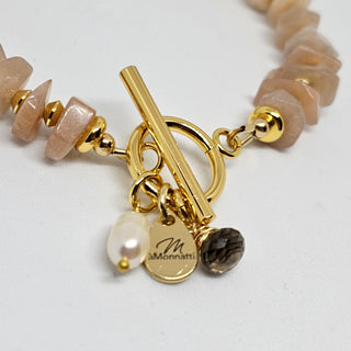 Sunstone (Organic) 18K Gold Filled Toggle Bracelet with Smoky Quarts and Pearl Dangle