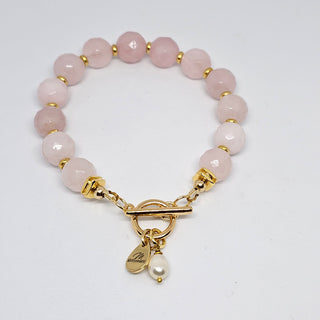 Rose Quartz (Faceted) 18K Gold Filled Toggle Bracelet with Pearl Dangle