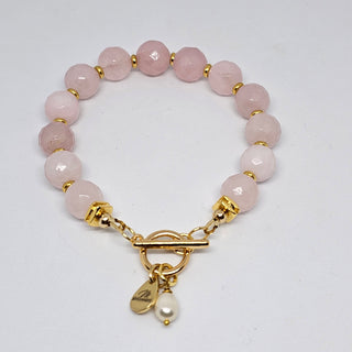 Rose Quartz (Faceted) 18K Gold Filled Toggle Bracelet with Pearl Dangle