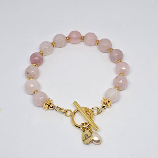 Rose Quartz (Faceted) 18K Gold Filled Toggle Bracelet with Pearl Dangle