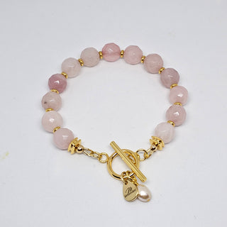 Rose Quartz (Faceted) 18K Gold Filled Toggle Bracelet with Pearl Dangle