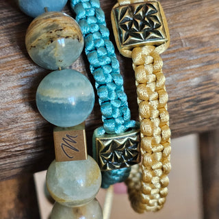 Zen Weave Satin Macrame Boho Braided Bracelet in Teal - Matt Gold Peak Pulse Charm