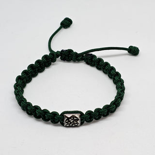 Zen Weave Macrame Boho Braided Bracelet in Forest Green - Matt Silver Peak Pulse Charm