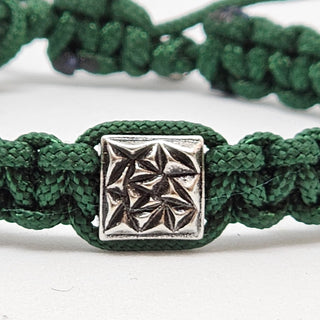 Zen Weave Macrame Boho Braided Bracelet in Forest Green - Matt Silver Peak Pulse Charm