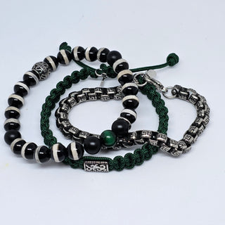 Zen Weave Macrame Boho Braided Bracelet in Forest Green - SS Rectangular Thrive Twine Charm