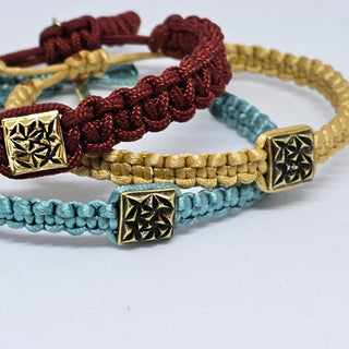 Zen Weave Satin Macrame Boho Braided Bracelet in Teal - Matt Gold Peak Pulse Charm