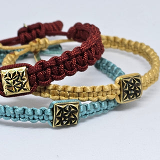 Zen Weave Satin Macrame Boho Braided Bracelet in Teal - Matt Gold Peak Pulse Charm