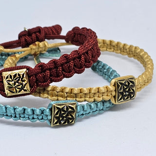 Zen Weave Satin Macrame Boho Braided Bracelet in Teal - Matt Gold Peak Pulse Charm