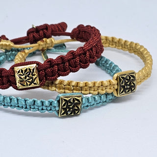 Zen Weave Satin Macrame Boho Braided Bracelet in Teal - Matt Gold Peak Pulse Charm