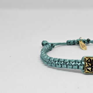 Zen Weave Satin Macrame Boho Braided Bracelet in Teal - Matt Gold Peak Pulse Charm