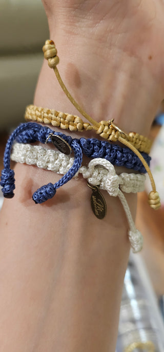 Zen Weave Macrame Boho Braided Bracelet in Denim Blue - Shiny Silver Peak Pulse Charm