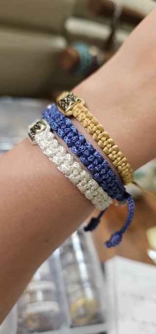 Zen Weave Macrame Boho Braided Bracelet in Denim Blue - Shiny Silver Peak Pulse Charm