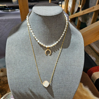 Pearl Gold Filled Adjustable Necklace with CZ Moon Charm