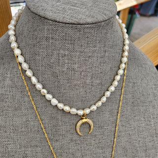 Pearl Gold Filled Adjustable Necklace with CZ Moon Charm