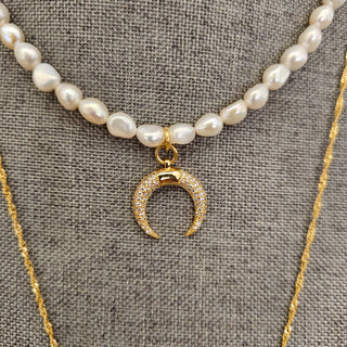 Pearl Gold Filled Adjustable Necklace with CZ Moon Charm