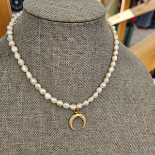 Pearl Gold Filled Adjustable Necklace with CZ Moon Charm