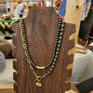 Pyrite, Half Round~Half Gold Filled Chain Toggle Necklace with Eye Protection Charm