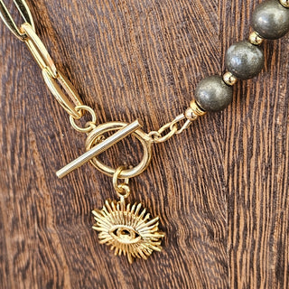 Pyrite(6mm Round)and Half 8mm Pyrite~Half Gold Filled Necklace with Eye Protection Dangle(Stacked Necklaces & Bracelet Set)