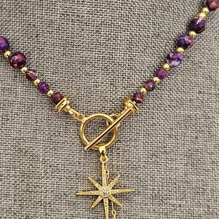 Purple Imperial Jasper 18K Gold Filled Toggle Necklace with Guiding Star Charm and Amethyst Dangles