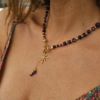 Purple Imperial Jasper 18K Gold Filled Toggle Necklace with Guiding Star Charm and Amethyst Dangles