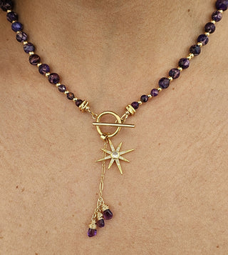 Purple Imperial Jasper 18K Gold Filled Toggle Necklace with Guiding Star Charm and Amethyst Dangles