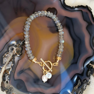 Labradorite (Grade AAA Faceted Donut) 18K Gold Filled Toggle Bracelet with Pearl Dangle