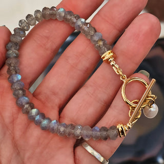 Labradorite (Grade AAA Faceted Donut) 18K Gold Filled Toggle Bracelet with Pearl Dangle