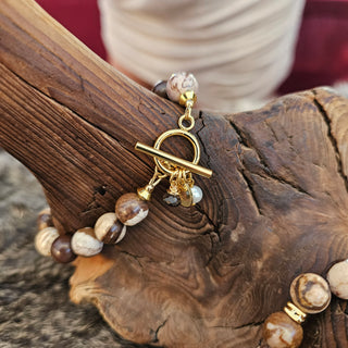 Australian Zebra Jasper 18K Gold Filled Toggle Bracelet with Smoky Quartz and Pearl Danglee