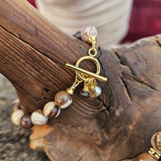 Australian Zebra Jasper 18K Gold Filled Toggle Bracelet with Smoky Quartz and Pearl Danglee