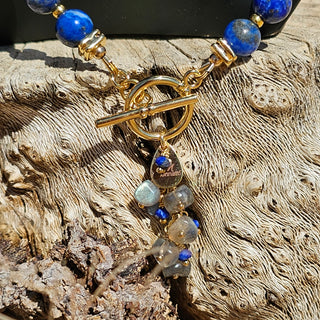 Lapis Lazuli 18K Gold Filled Donut Spacer Toggle Necklace & Labradorite and Faceted Lapis Lazuli Waterfalls Dangle