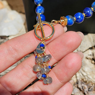 Lapis Lazuli 18K Gold Filled Donut Spacer Toggle Necklace & Labradorite and Faceted Lapis Lazuli Waterfalls Dangle